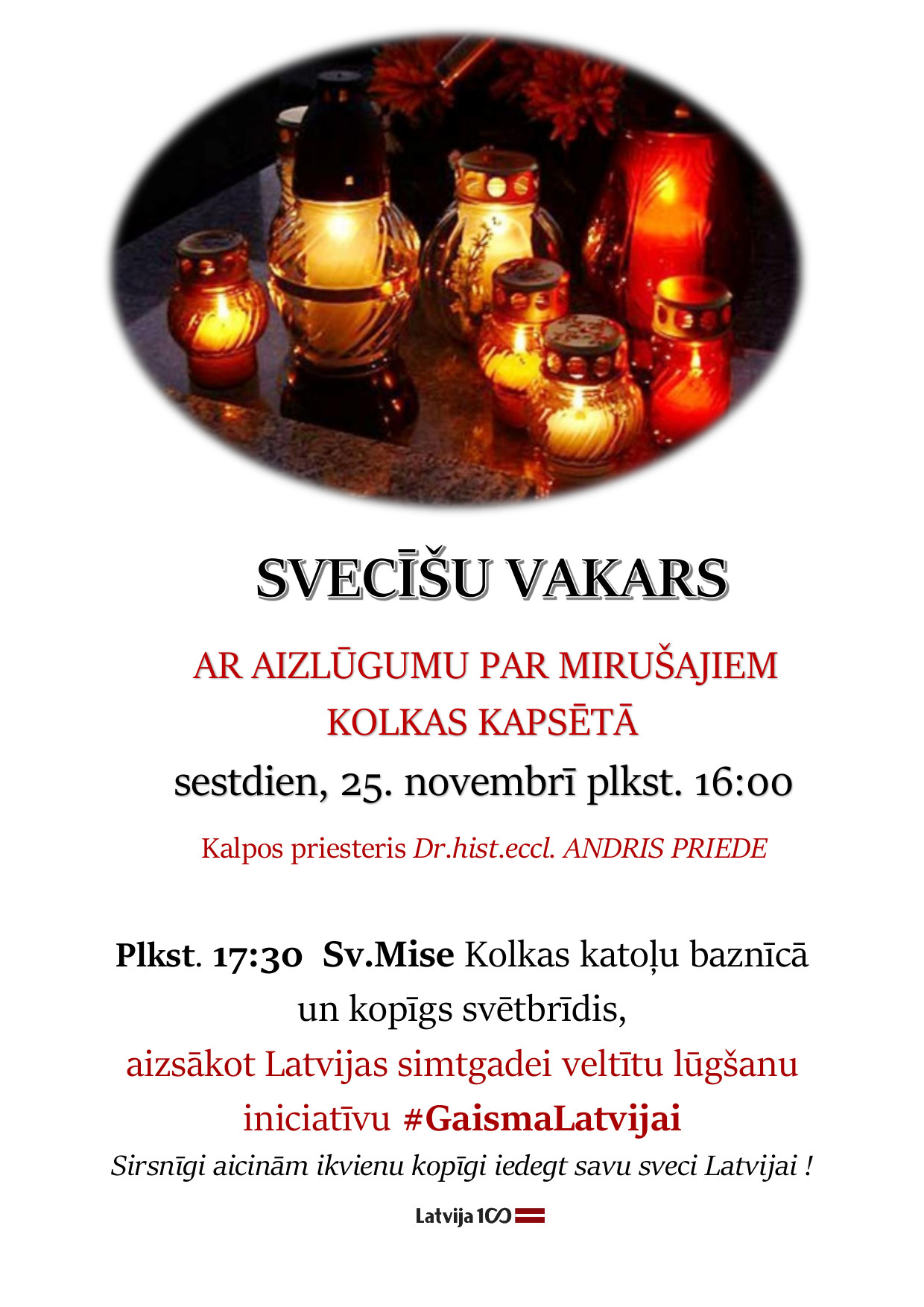 25.novembrī plkst 16.00 Svecīšu vakars Kolkas kapsētā